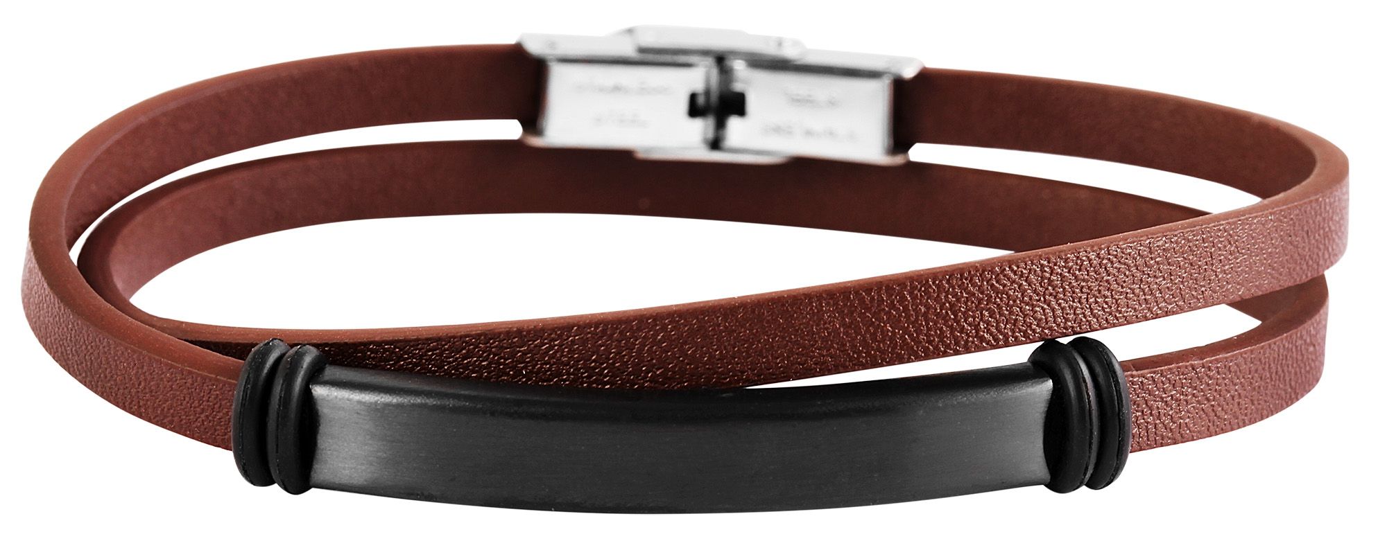 Akzent tekert karkötő valódi bőrből rozsdamentes acél gravírozható lappal, 42 cm, barna/fekete